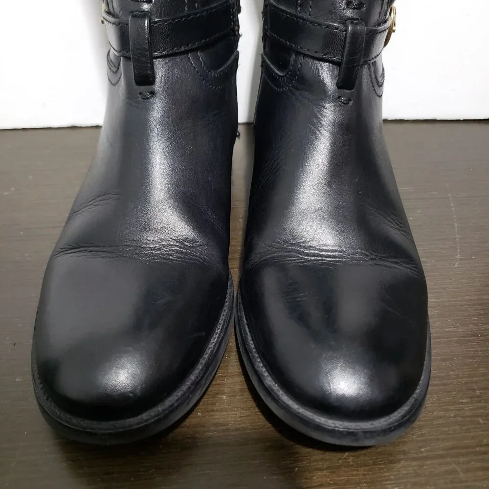 Tory Burch 5207 Nadine Riding Black Leather Boots Gold Logo Sz 6 $495